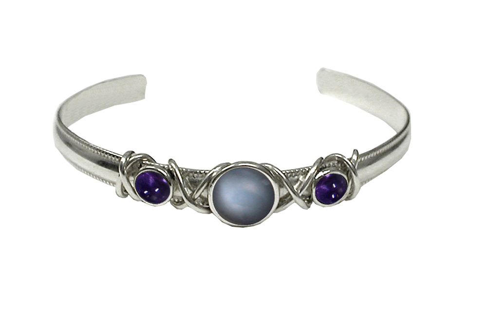 Sterling Silver Hand Made Cuff Bracelet With Grey Moonstone And Iolite